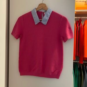 J. Crew Size S Pink with Blue and White Stripes Collar Sweater